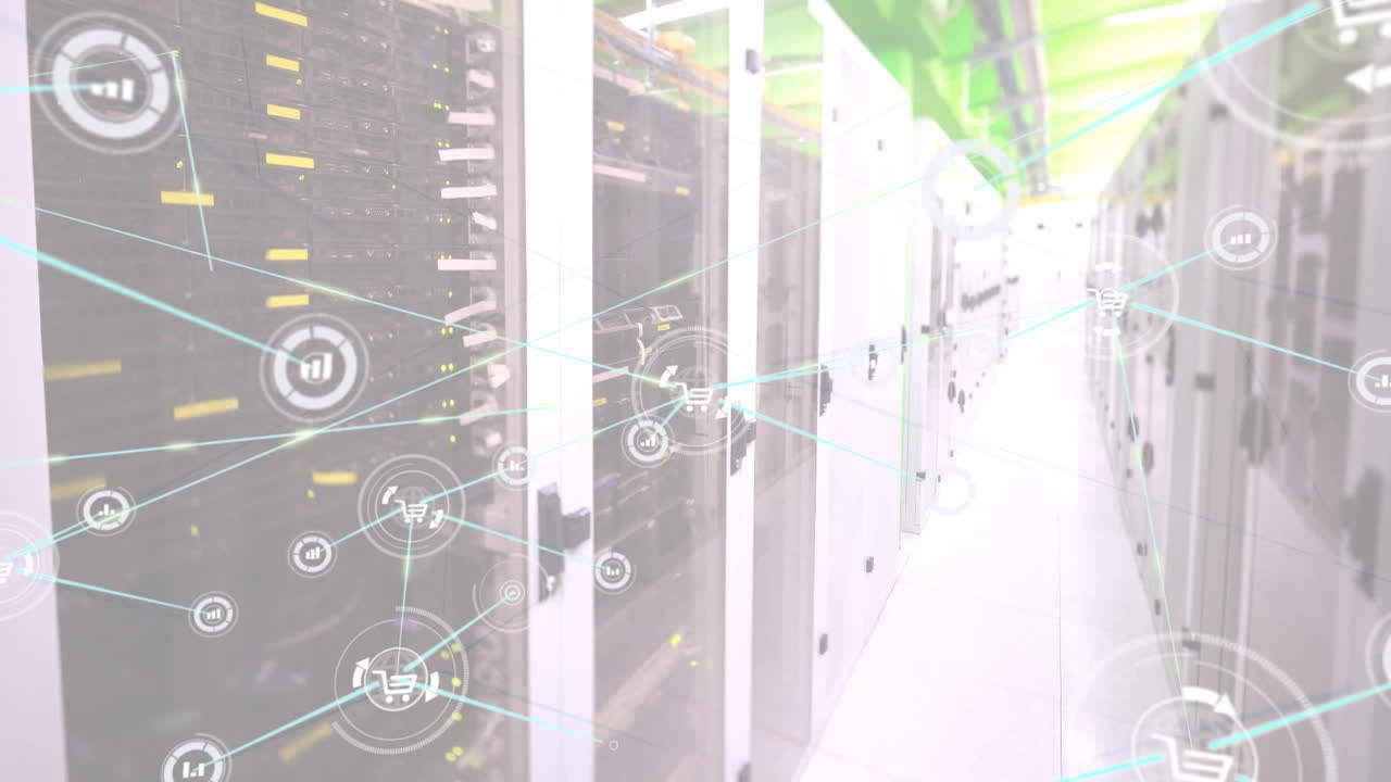 animación de la red de conexiones con iconos sobre la sala del servidor