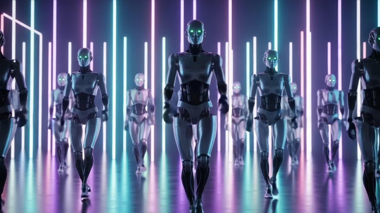 A Futuristic Parade of Robots: A Sleek Assembly of Humanoid Machines Marching Through a Neon-Lit Environment with Vibrant Patterns and Exquisite Lighting Effects