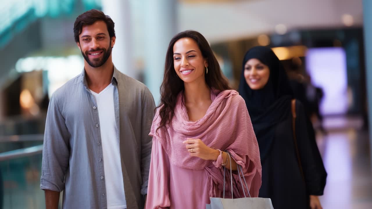 A joyful couple enjoying their shopping experience in a vibrant mall setting, with a friend walking behind them, showcasing a friendly atmosphere and the pleasures of socializing while shopping together