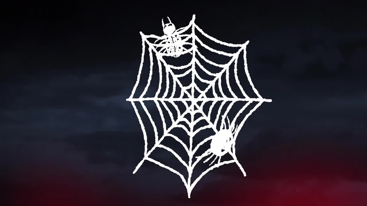 animación de arañas en la red sobre nubes oscuras