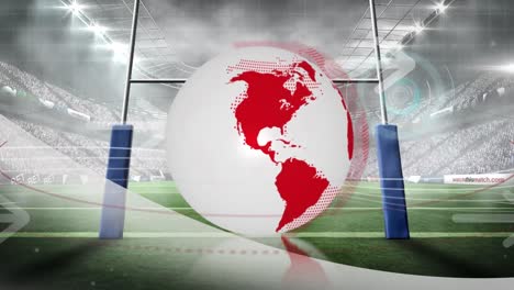 Animation-Von-Globus,-Scanner-Und-Kommunikationsnetzwerk-Mit-Pfeilen-über-Dem-Spielfeld-Des-Rugbystadions