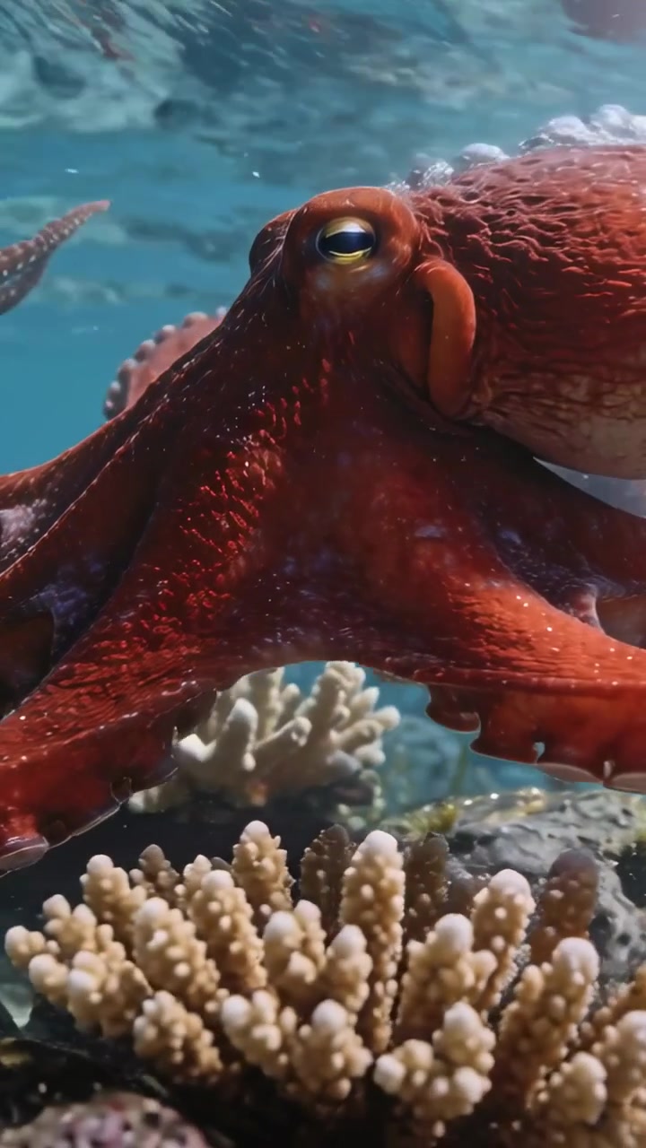 Video verticale: Polpo rosso-arancio che, stimolato da bolle, esplora coralli ramificati e sabbia.