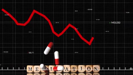 animación de píldoras que caen y bloques de scrabble con medicación de texto sobre el diagrama rojo