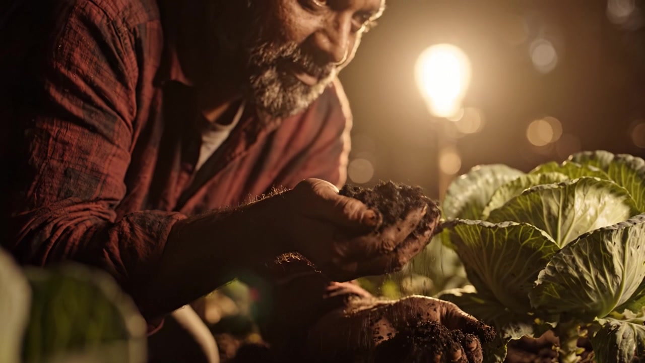 Un giardiniere dedicato si prende cura dei cavoli sotto una luce calda, nutrendo il terreno e le piante con attenzione, evidenziando l'essenza del lavoro e dell'agricoltura biologica.