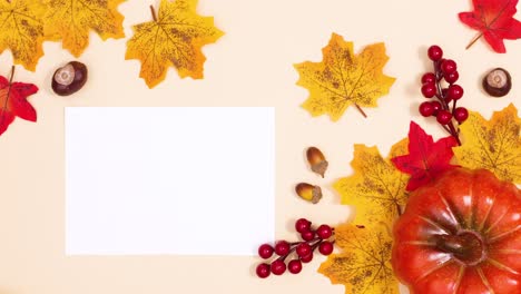 Autumn decoration appear with wrapped paper for text on beige theme. Stop motion