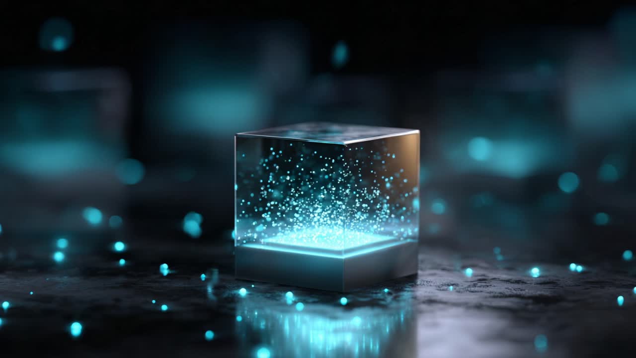 A Glowing Cube Surrounded by Vibrant Particles in a Dark Environment – A Visual Representation of Light, Depth, and Modern Design Elements