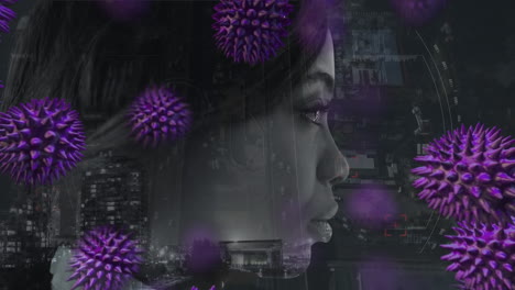 animation of a biracial woman over covid-19 cells floating and a cityscape in the background.