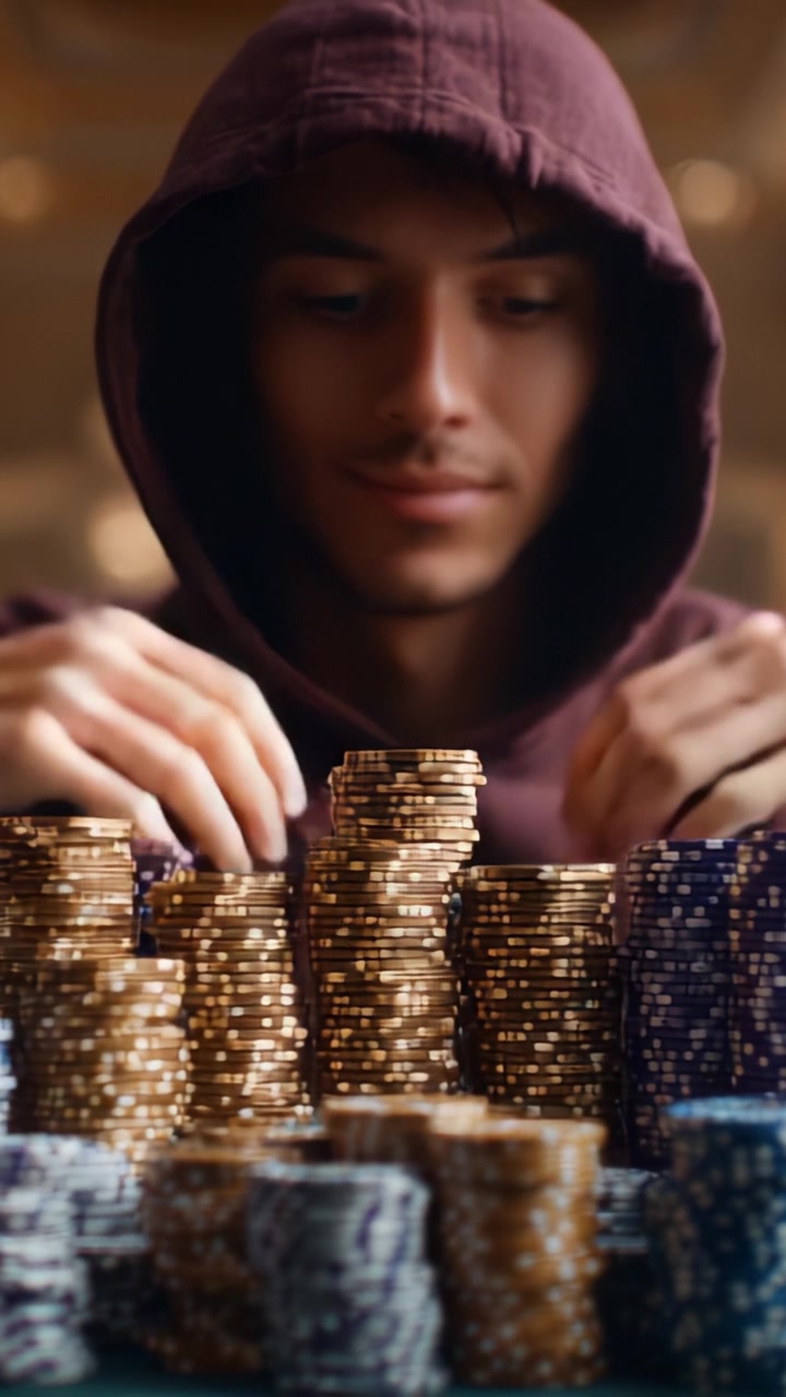Un giocatore concentrato che organizza strategicamente le fiches del casinò in una partita ad alto rischio, catturando l'intensità e la tensione dell'atmosfera del gioco d'azzardo.
