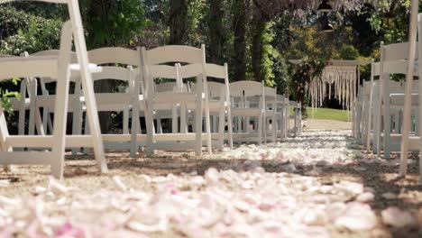 Pasillo-De-Bodas-Al-Aire-Libre---Sillas-Plegables-Blancas-Con-Pétalos-En-El-Suelo-Para-La-Ceremonia-De-Bodas---Enfoque-Selectivo