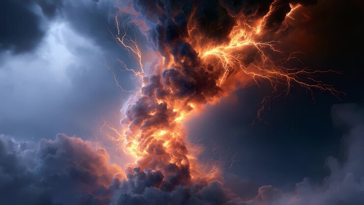 Temporale dinamico e vorticoso con vividi fulmini che illuminano nuvole scure in una spettacolare manifestazione di furia e bellezza della natura.