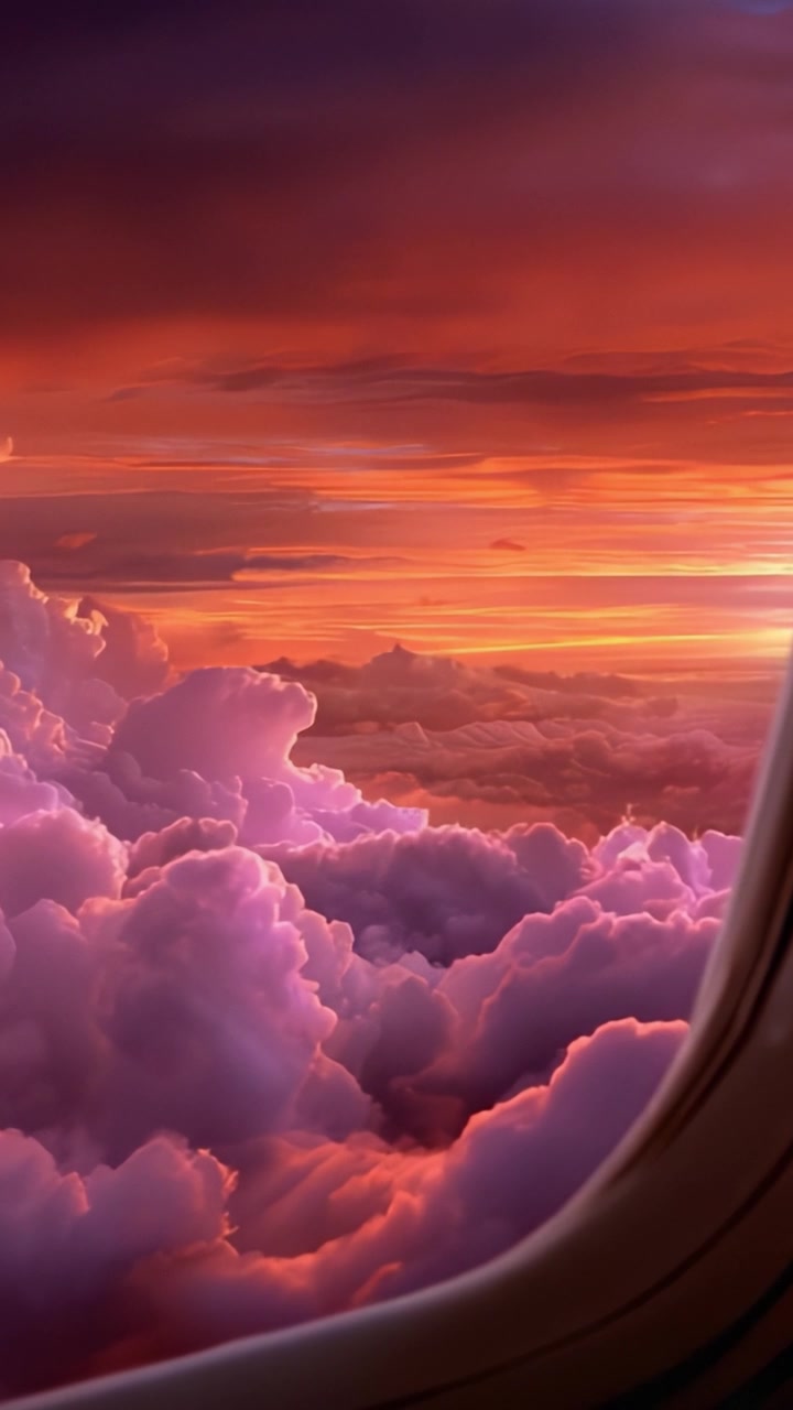 Una vista mozzafiato da un finestrino dell'aereo che mostra nuvole colorate e un tramonto vibrante su un cielo pittoresco pieno di sfumature di viola e arancione.