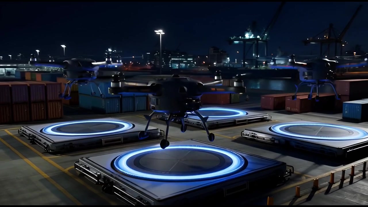 Molteplici droni che atterrano su piazzole illuminate in un porto merci futuristico di notte