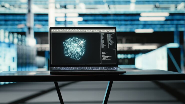 Data Center Ai Technology On Laptop Oversees Blue Wireframe Mesh Equipment Rigs