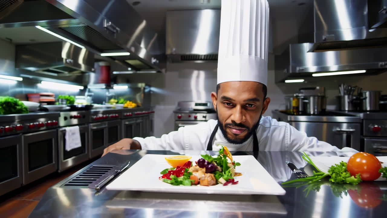 Chef inspecting a dish in a professional kitchen