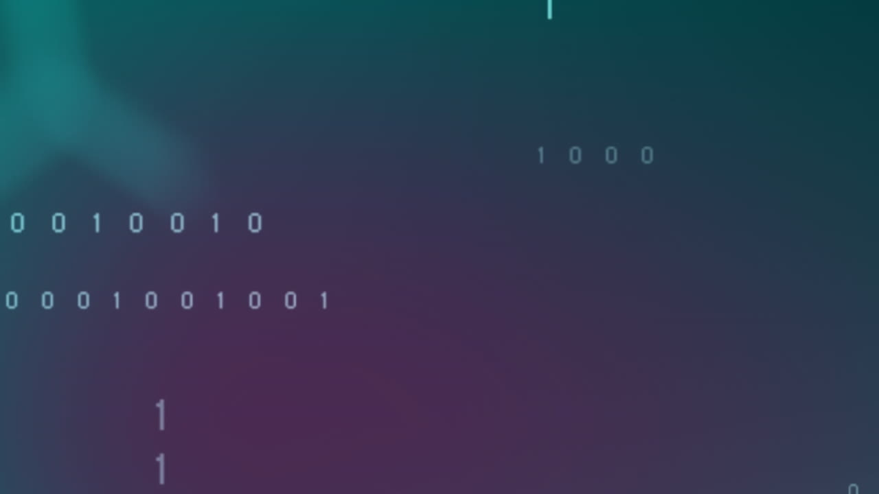Animation of data processing and binary coding against purple gradient background