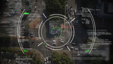 animation of circles and computer language over aerial view of moving vehicles on street