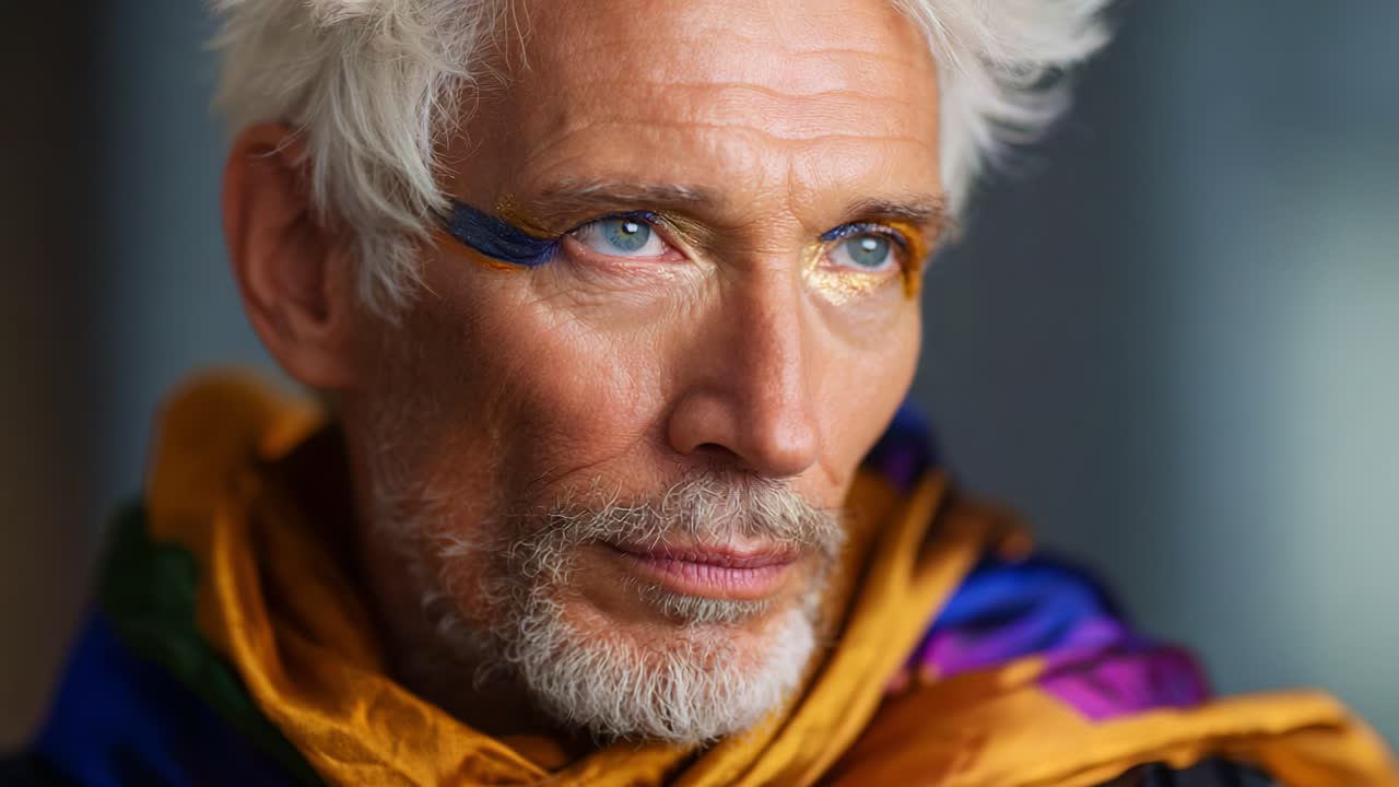 Nærbillede af en fornem mand med sølvfarvet hår og markant øjenmakeup, der fremhæver hans unikke træk og farverige drapering