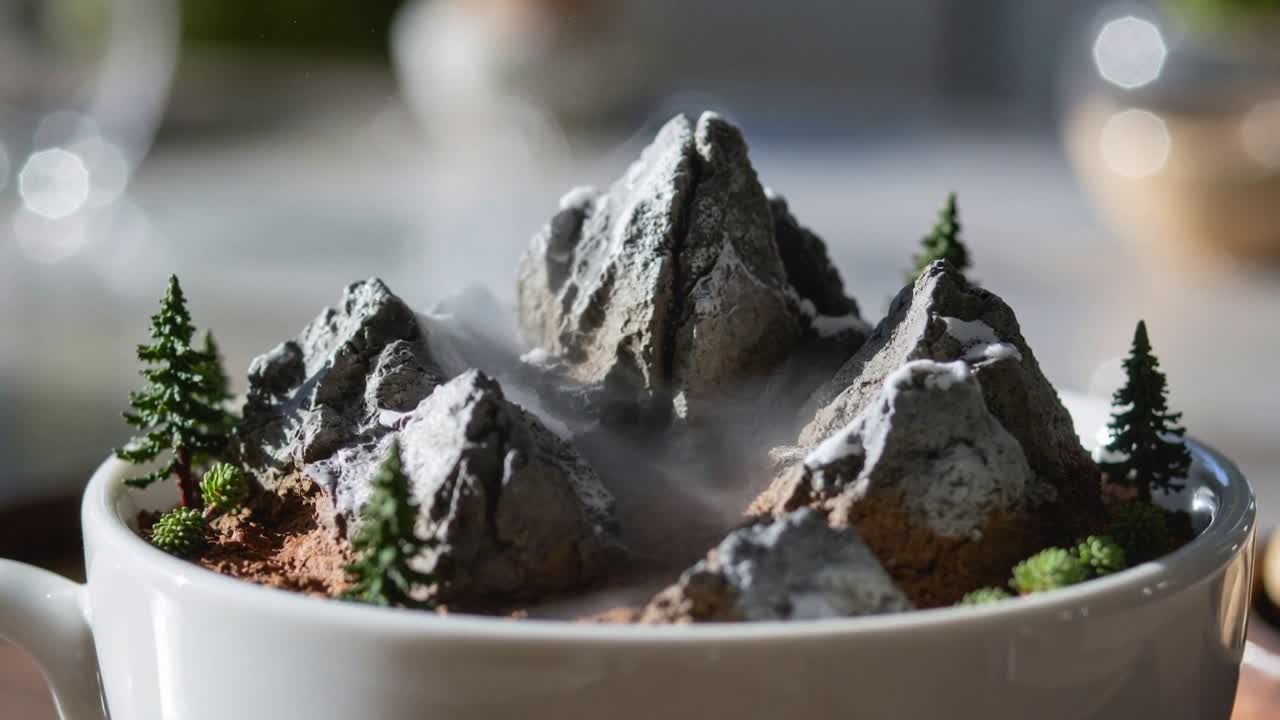 Zoomende Kamera schärft die Gipfel eines Tassen-Dioramas auf einem Tisch, Dampf wirbelt in den Tälern.