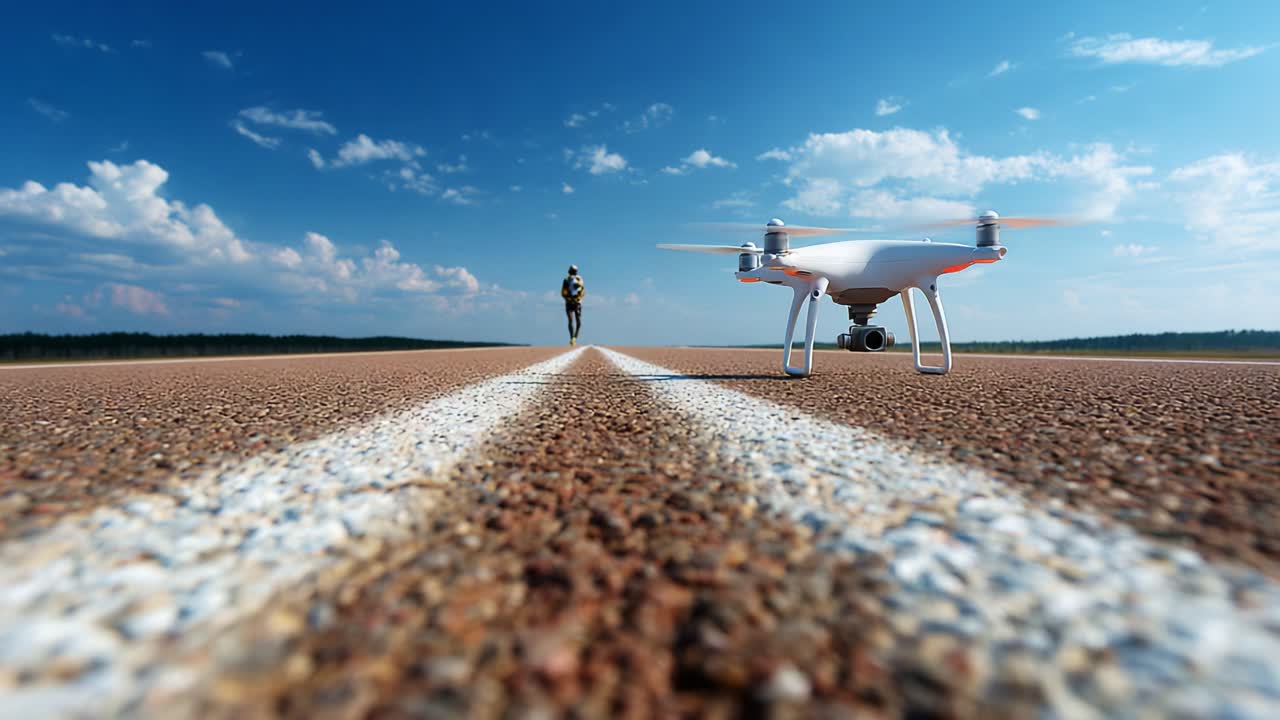 A cyclist training on an open road with a drone capturing their movement, showcasing modern technology and outdoor fitness in a picturesque landscape under a clear blue sky