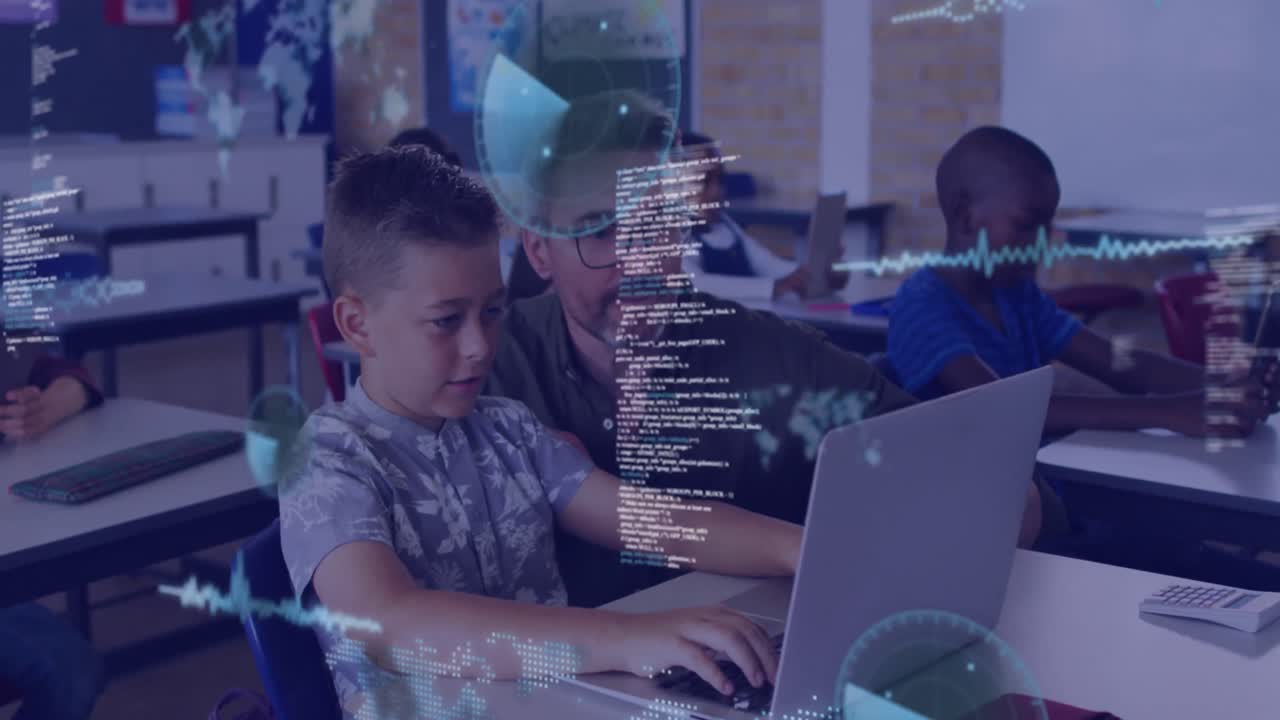 Animation of data processing over caucasian male teacher and schoolchildren in classroom