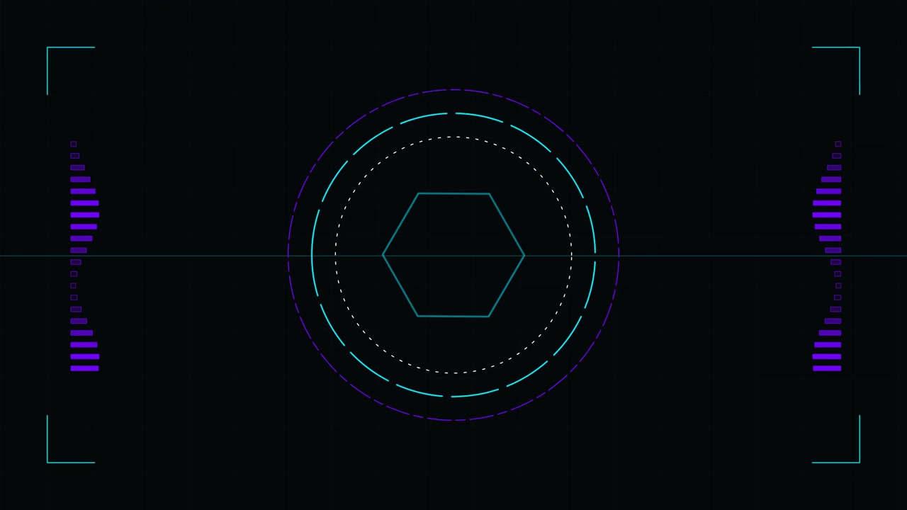 Futuristic Digital HUD Interface with Rotating Hexagon and Audio Visualizer