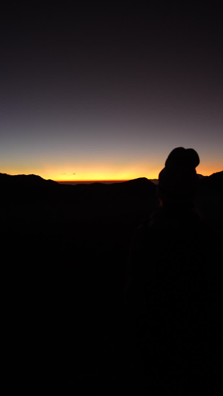 Silhouette of woman watching golden sunrise atop Mt. Bromo, peaceful volcanic backdrop, vertical