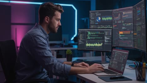a focused programmer analyzing data on multiple monitors in a modern tech workspace with dynamic visuals and a sleek aesthetic