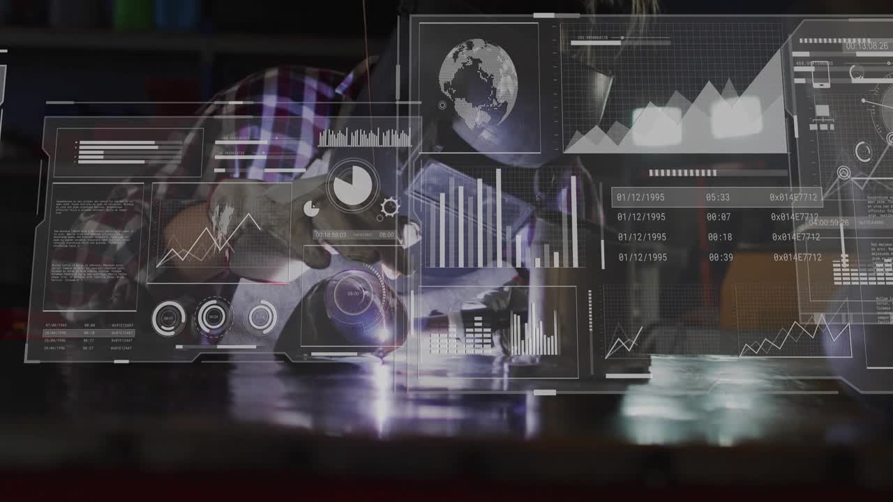 Woman welder starting torch, welding joint with many passes on bench HUD data tracking progress