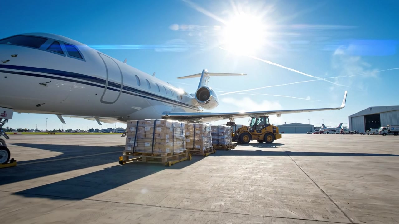 Operações de Carregamento de Carga num Aeroporto com um Jato Particular Sob Sol Brilhante e Céu Azul Límpido, Apresentando Empilhadeira e Mercadorias Paletizadas.