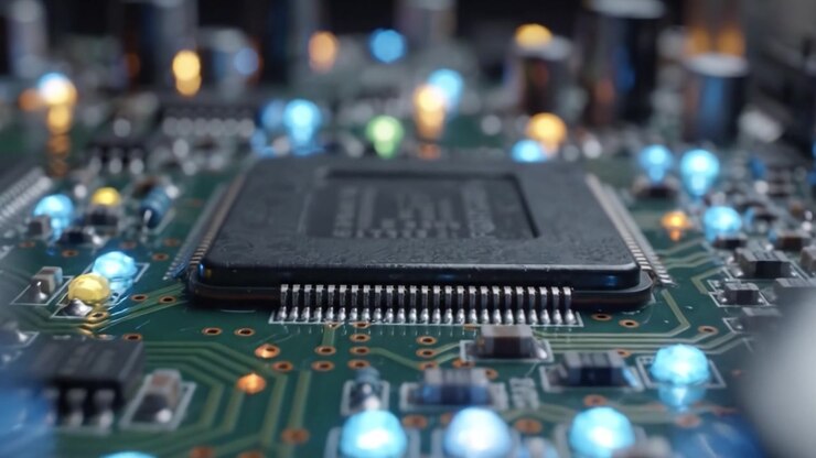 Udforskning af en printplades kompleksitet: Et nærbillede af mikrochips, kondensatorer og LED-lys, der belyser moderne teknologi.
