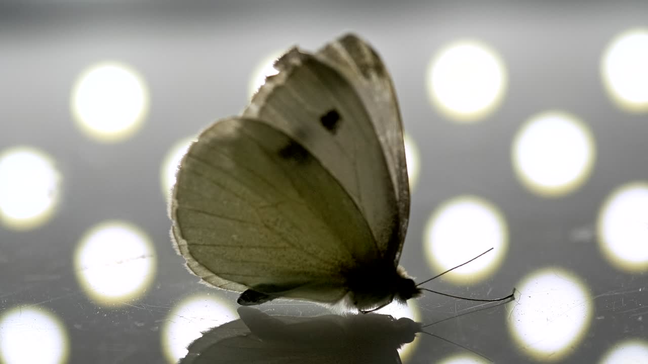 Turntable shot of a butterfly standing on a reflective surface with dot pattern in the background.