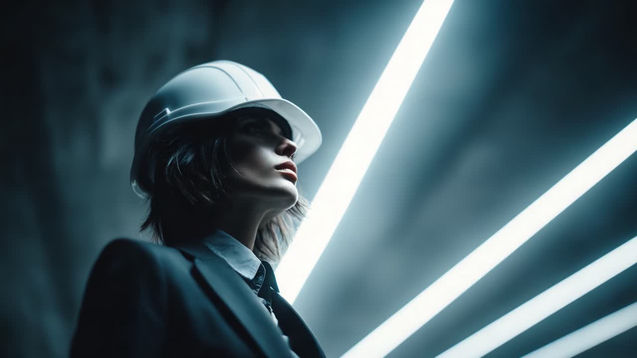 A confident woman in a hard hat stands resolute, illuminated by striking beams of light, embodying strength and professionalism in an industrial setting