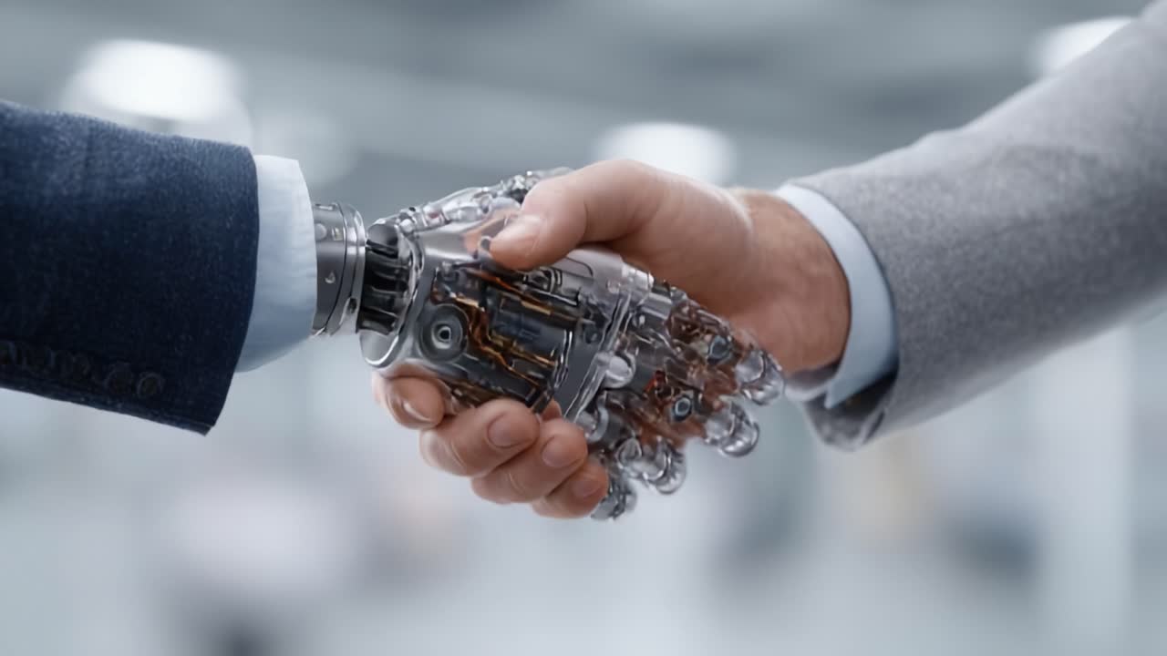 A Futuristic Handshake Between Human and Robot: Symbolizing Collaboration and Partnership in the Age of Advanced Technology and Artificial Intelligence Development