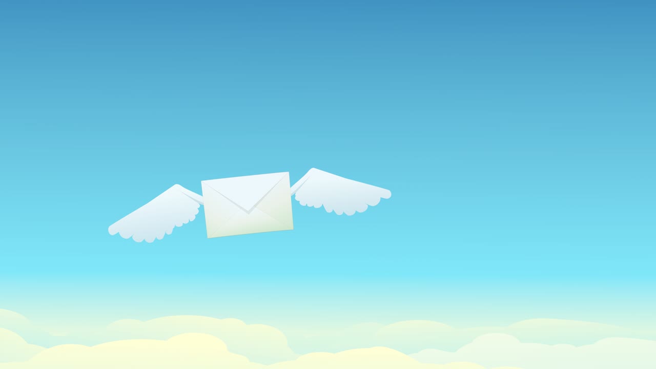 날개가 있는 봉투가 날개를 흔들고 구름이 있는 파란 하늘에 애니메이션 루프가 있습니다.