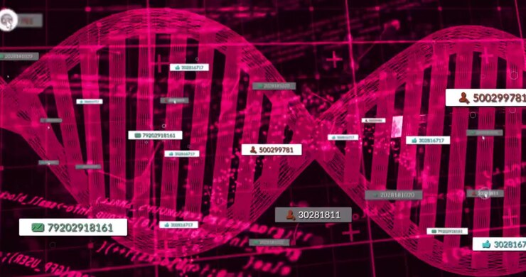 Roze DNA-helix opent boven een raster, waarbij een cursor ID's verschuift en selecteert, roterend ID's toont en knooppunten pulseert.