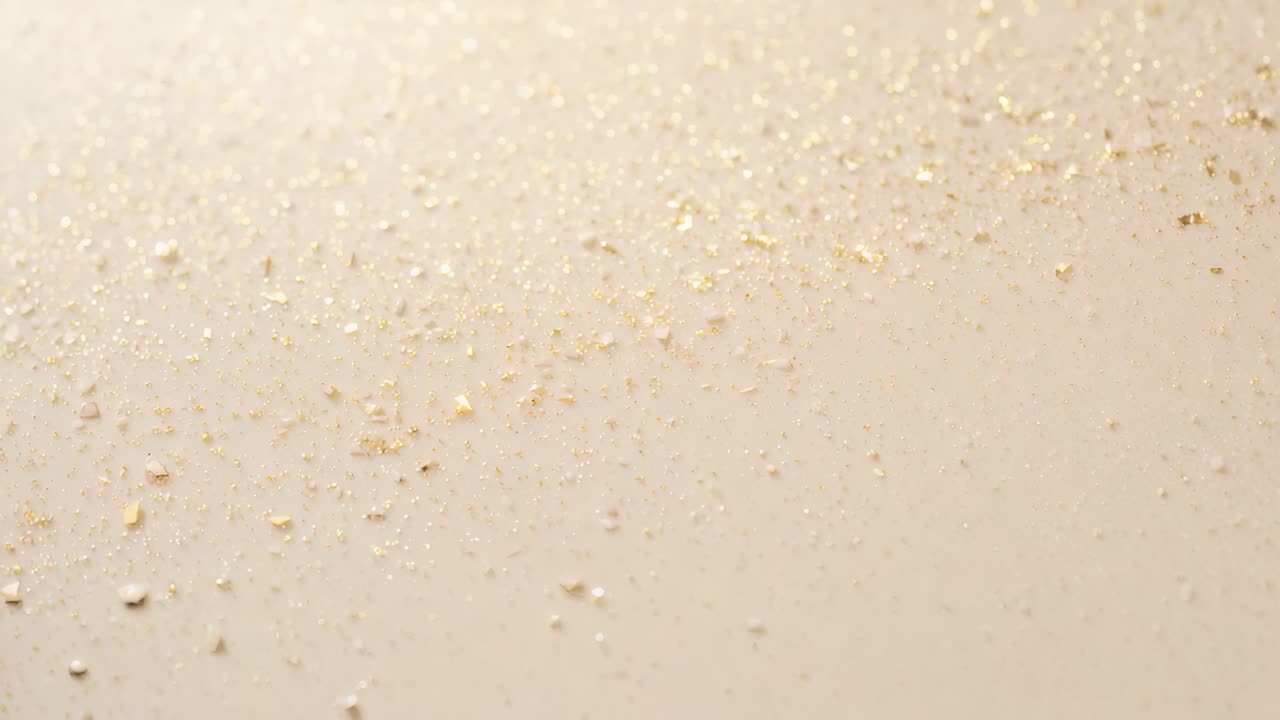 Spostamento della telecamera, rivelando il campo macro di scaglie dorate sul piano del tavolo dello studio per mostrare briciole fini