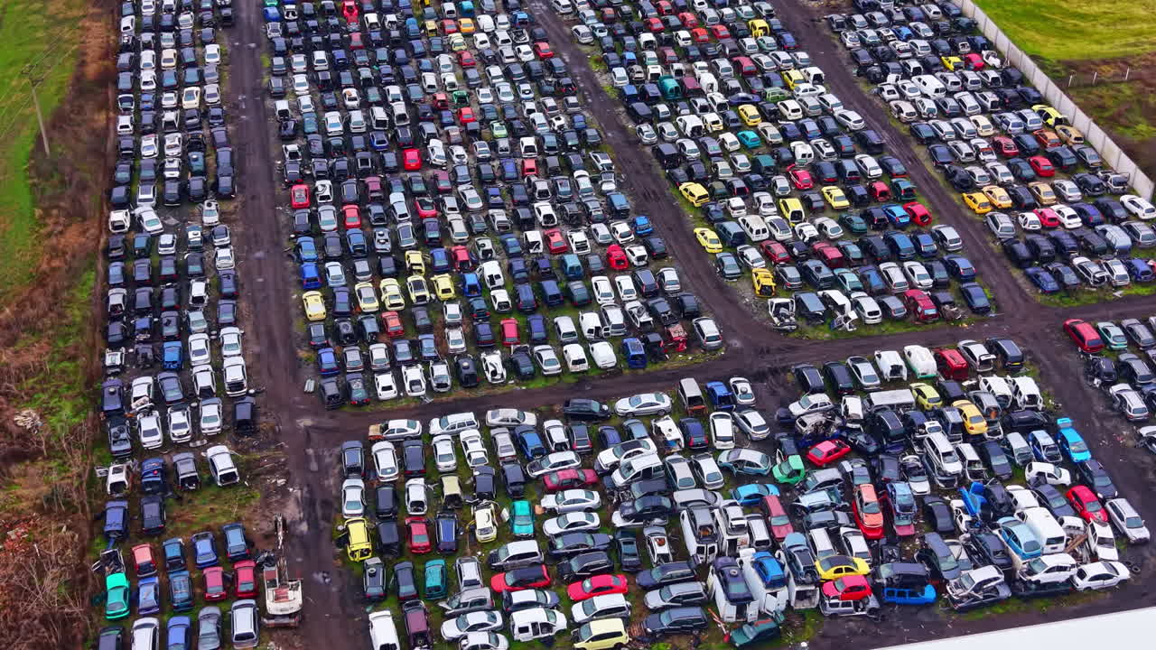 Diverse auto parcheggiate in un ampio parcheggio situato vicino a una città durante il giorno, di vari colori e in diverse condizioni.