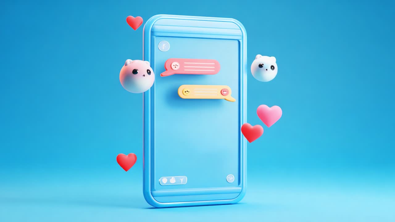 A vibrant and playful digital messaging scene featuring cartoonish characters interacting within colorful text bubbles, surrounded by floating hearts against a cheerful blue background