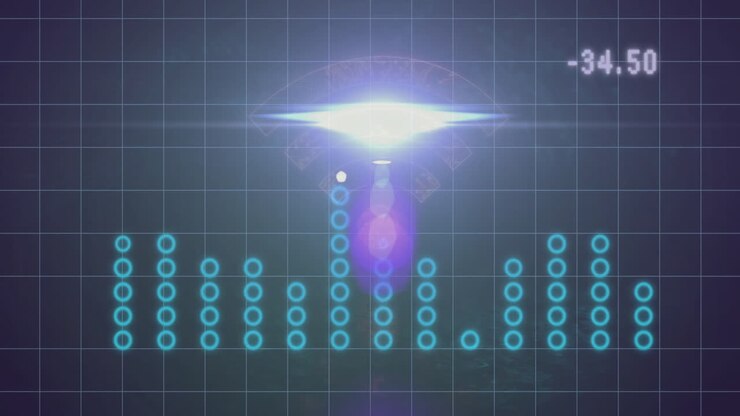 Digital sound wave animation with glowing blue dots and numeric display