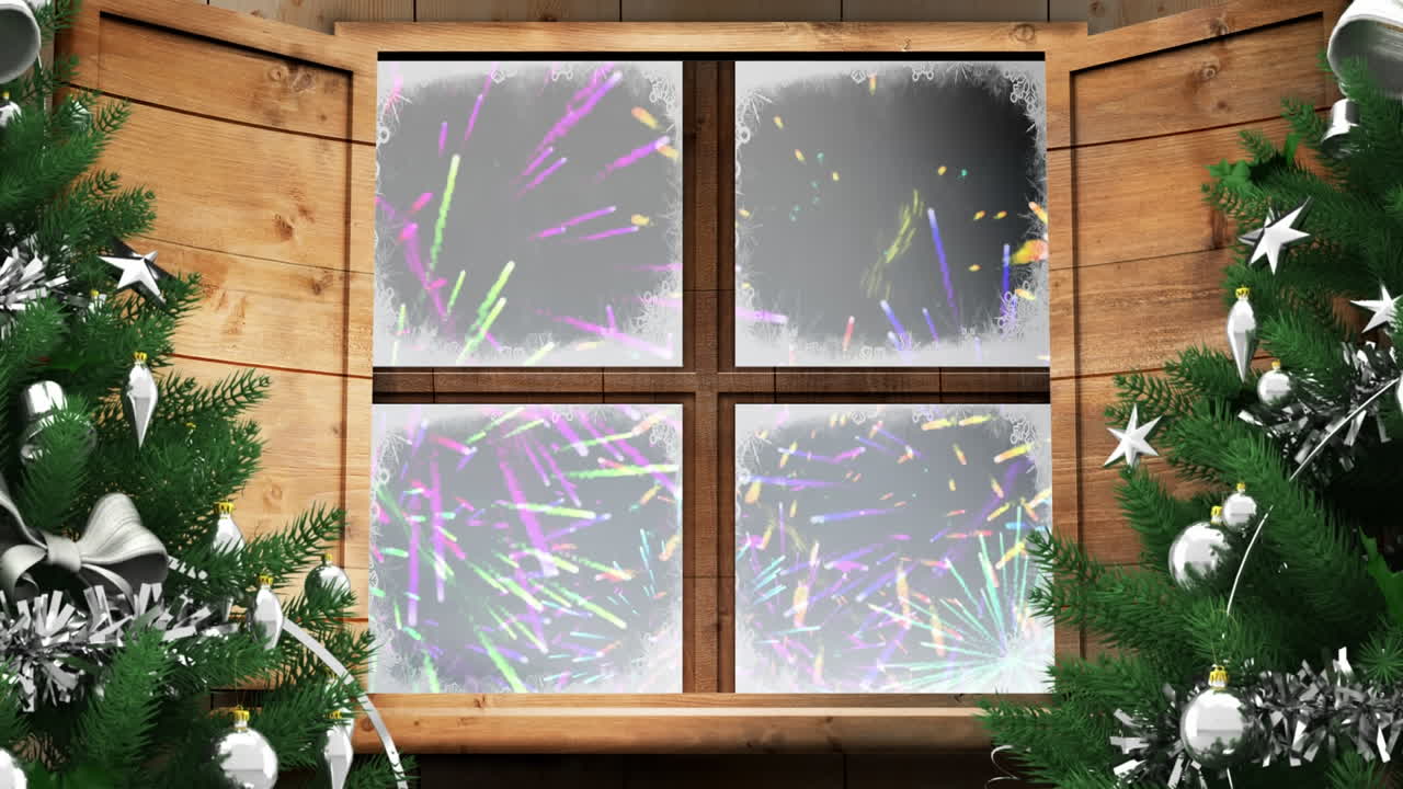 폭발하는 불꽃놀이에 맞서 크리스마스 트리와 나무 창문 프레임의 디지털 애니메이션