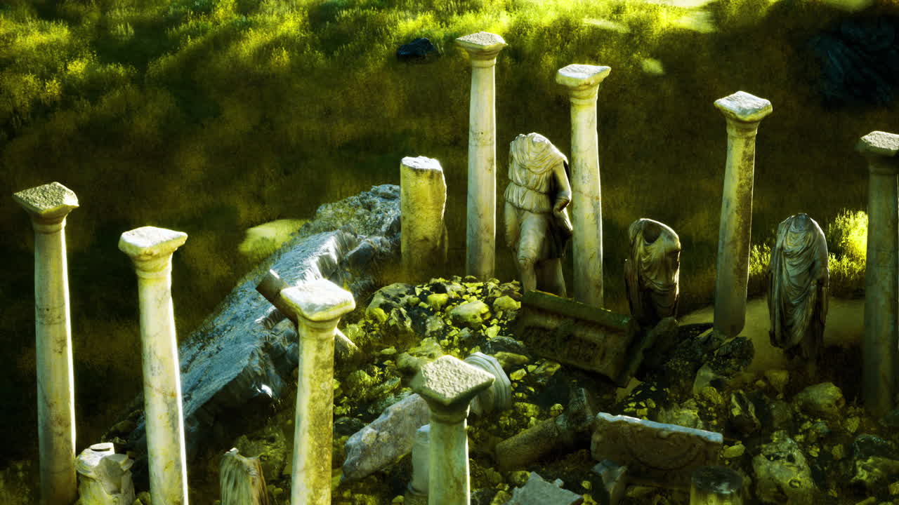 Ancient stone columns and sculptures in a lush green landscape
