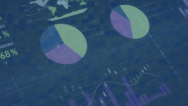 Animation of financial data processing over digital screen