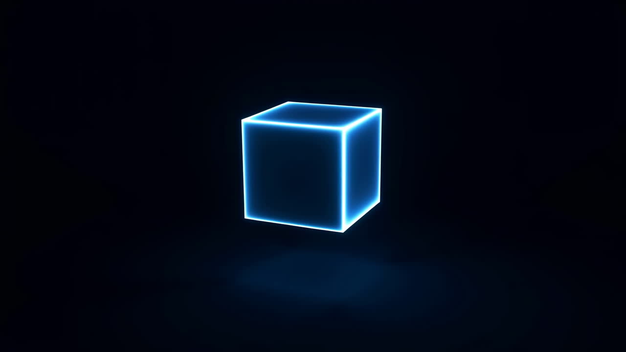 Glowing Blue Rectangular Prism Rotating on Dark Background