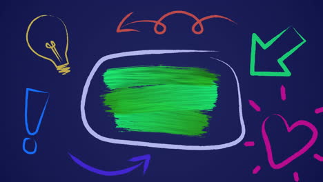 animation of speech bubble with green paint strokes and copy space, hand drawn icons on purple