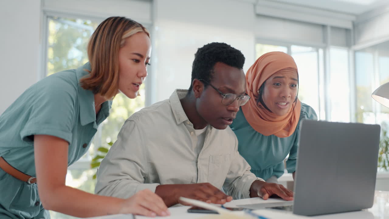 Business people, laptop and teamwork with stress