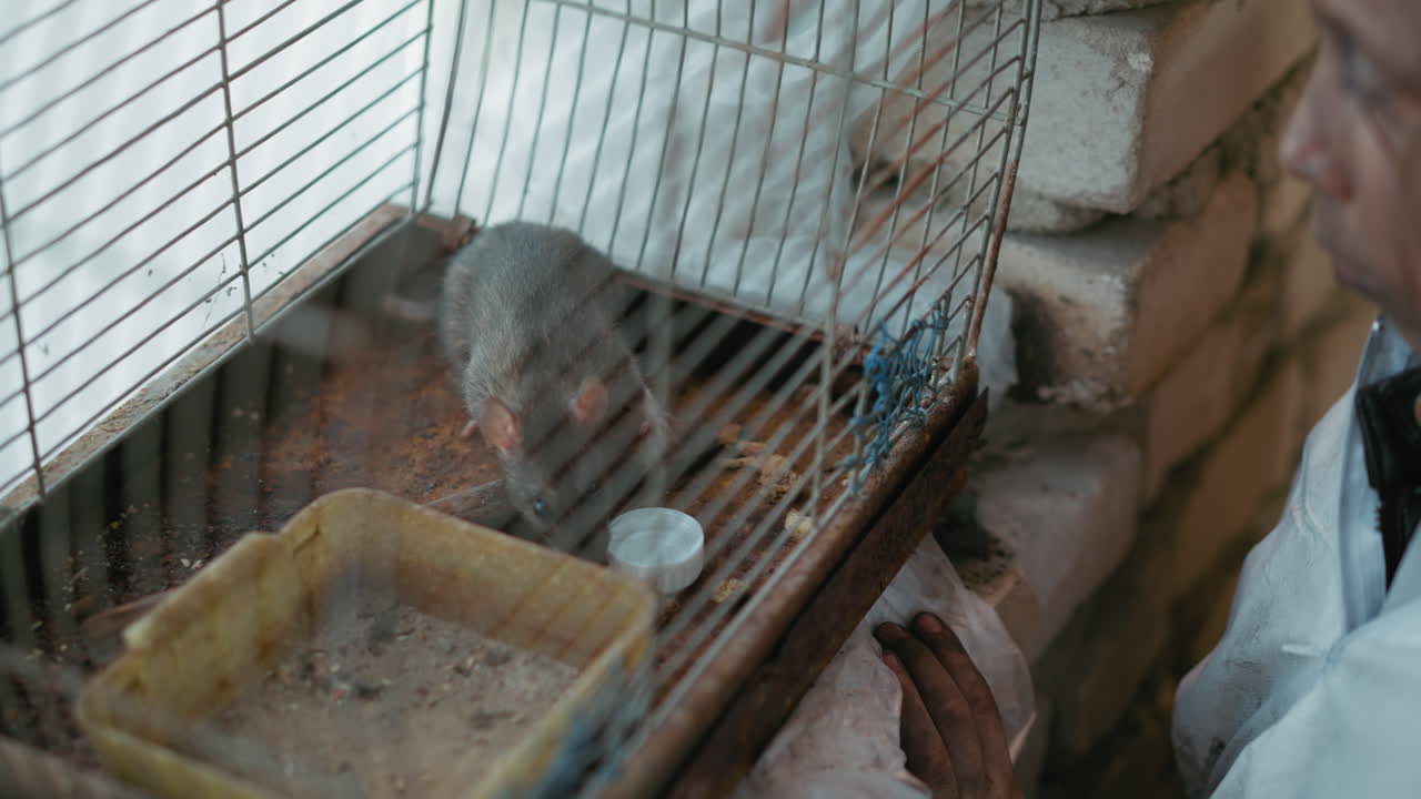 Caged rat sniffs around rusty enclosure beside small container of water while child watches through bars, depicting poverty, survival, and urban decay inside makeshift shelter with exposed bricks