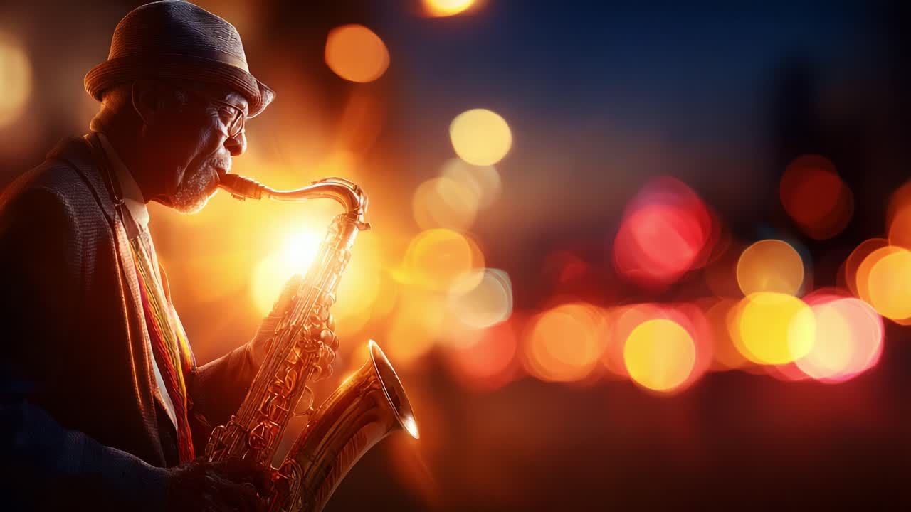 Un sassofonista affascinante illuminato dalle luci della città: una performance serale incantevole con una leggenda del jazz che diffonde melodie in un vivace contesto urbano