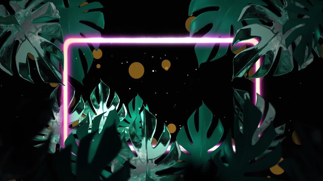 검은 바탕의 잎 위에 떠다니는 반점과 네온 프레임의 애니메이션