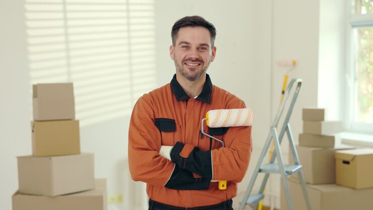Pittore sorridente in tuta arancione