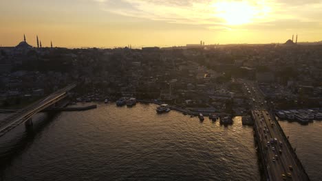 aerial view in istanbul golden horn with amazing sunset